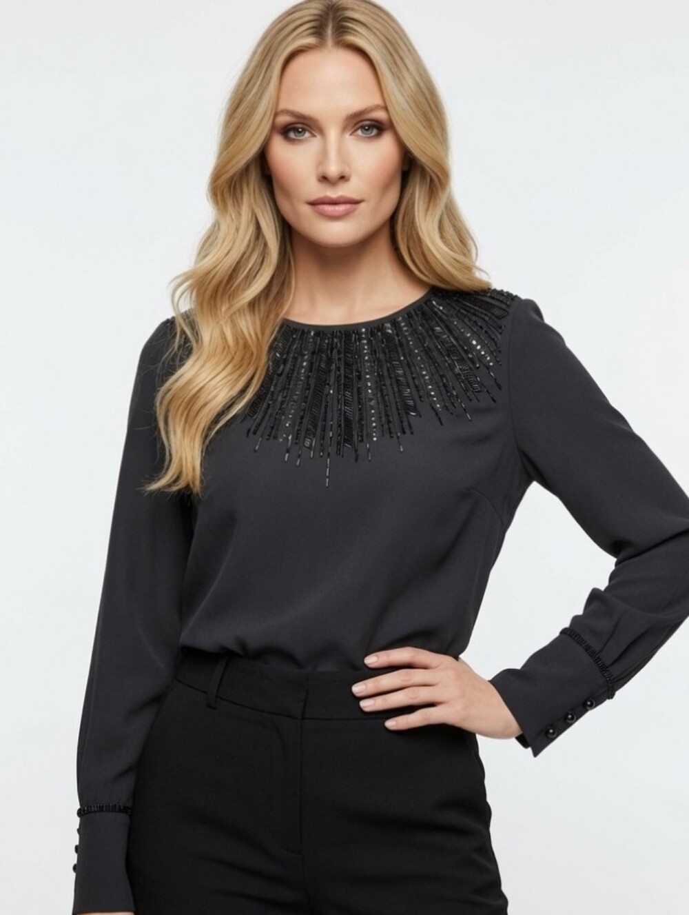 Stunning White House Black Market Long Sleeve Beaded Black Blouse Top